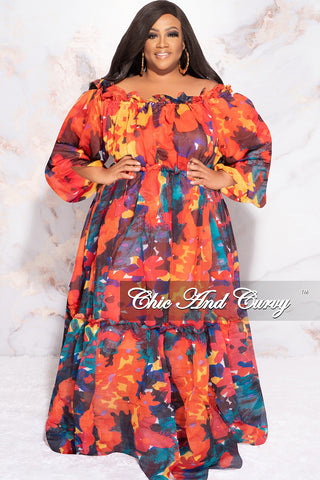 Final Sale Plus Size Off the Shoulder Chiffon Maxi Dress in Red Multi Color