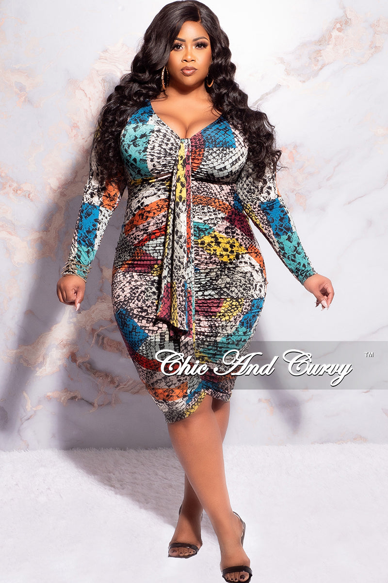 Final Sale Plus Size Deep V Ruched Mini BodyCon Dress with Draping Front in Multi Color Snake Print