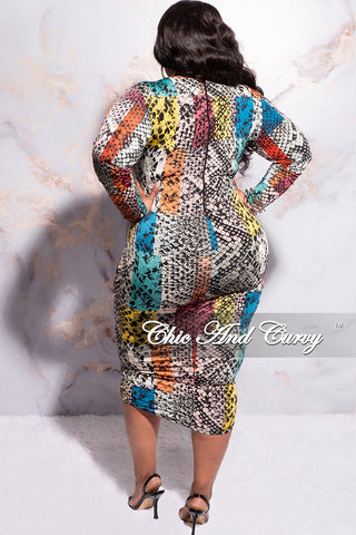 Final Sale Plus Size Deep V Ruched Mini BodyCon Dress with Draping Front in Multi Color Snake Print