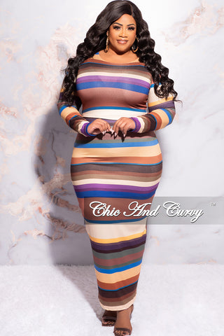Final Sale Plus Size 2pc Long Sleeve Crop Top and Skirt Set in Multi Color Stripe Print
