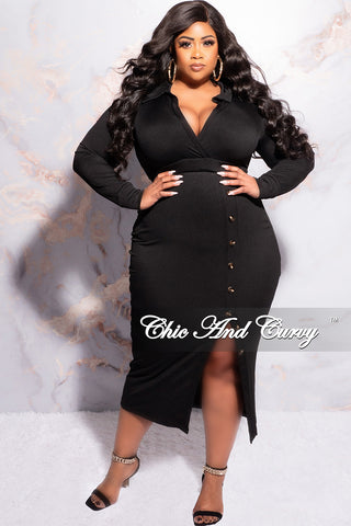 Final Sale Plus Size Collar Faux Wrap BodyCon Dress with Side Buttons in Black