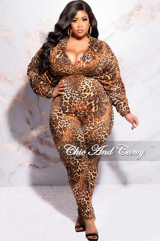 Final Sale Plus Size Faux Wrap Jumpsuit with Ruched Sleeves in Animal Print