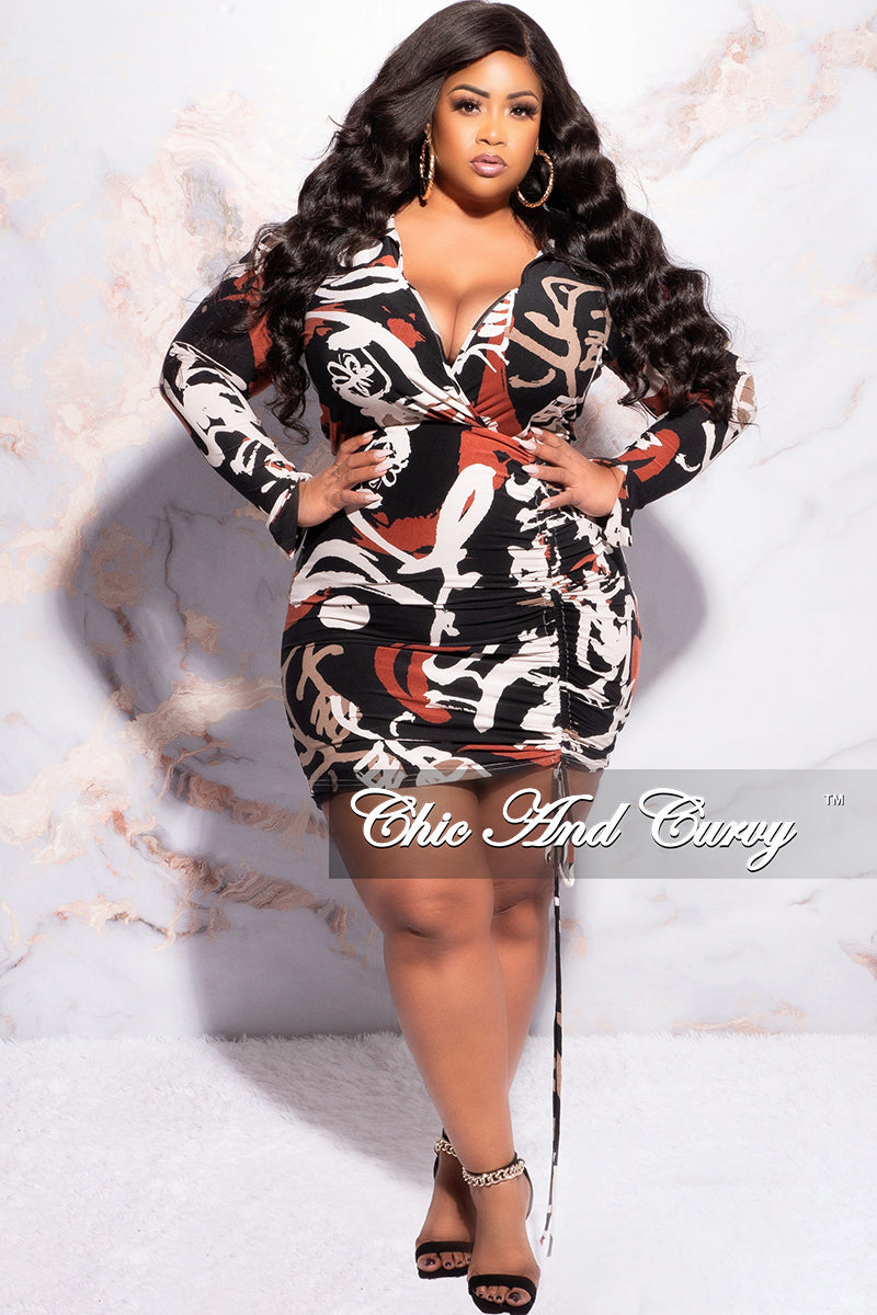Final Sale Plus Size Collar Faux Wrap Drawstring Ruched Mini Bodycon Dress in Black Tan Burgundy and Ivory - 1x 14/16 Final Sale Plus Size Collar Faux Wrap Drawstring Ruched Mini Bodycon Dress in Black Tan Burgundy and Ivory - 1x 14/16