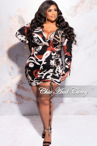 Final Sale Plus Size Collar Faux Wrap Drawstring Ruched Mini BodyCon Dress in Black Tan Burgundy and Ivory - 1x 14/16 Final Sale Plus Size Collar Faux Wrap Drawstring Ruched Mini BodyCon Dress in Black Tan Burgundy and Ivory - 1x 14/16