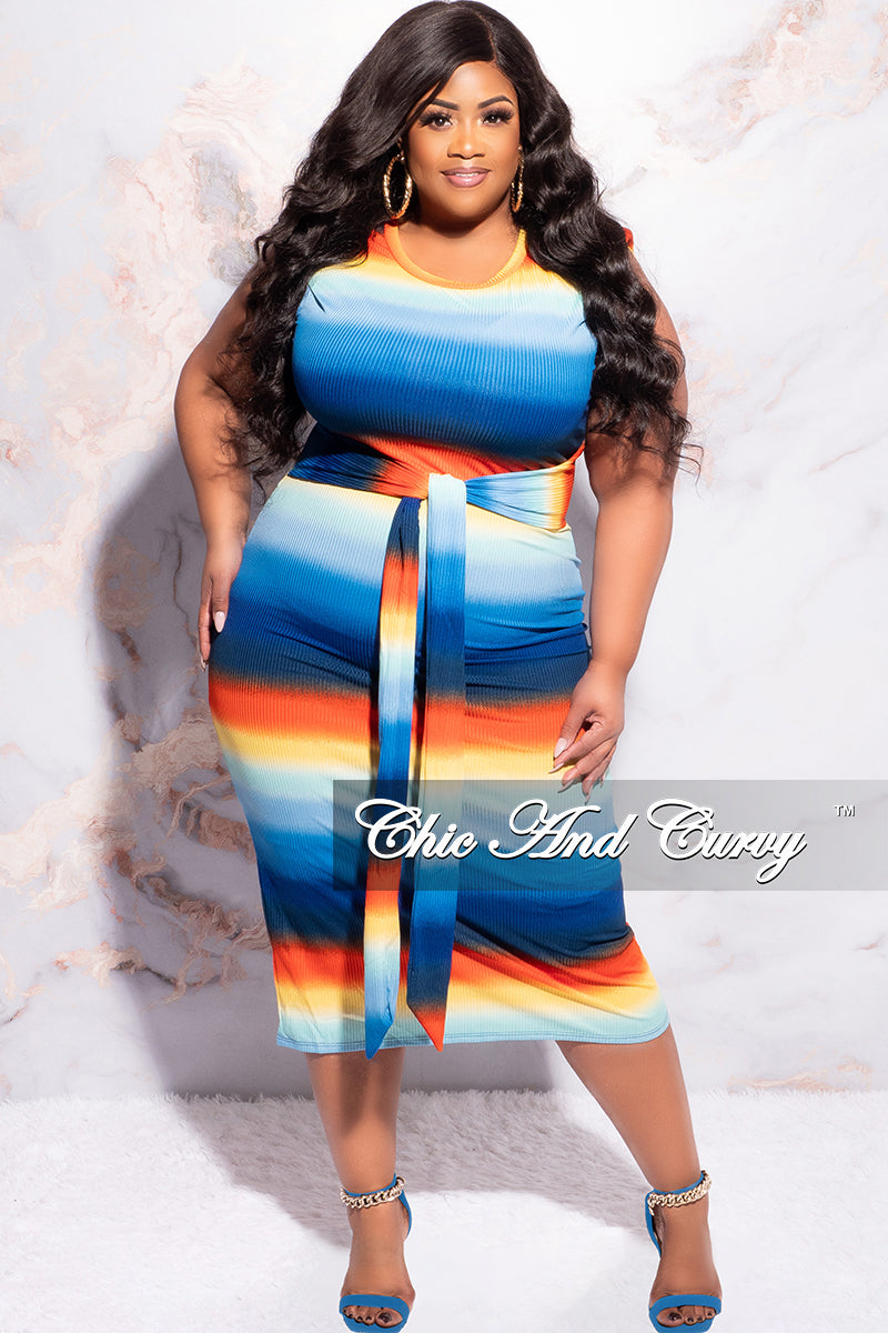 Final Sale Plus Size Light Ribbed Sleeveless Shoulder Pad Midi Dress with Waist Tie in Blue Multi-Color Print