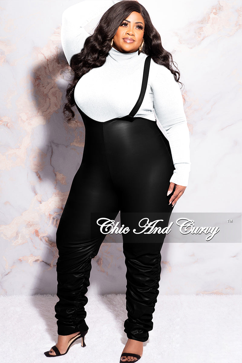 Final Sale Plus Size Vegan Leather Overalls (Only) Jumpsuit with Ruched Legs in Black