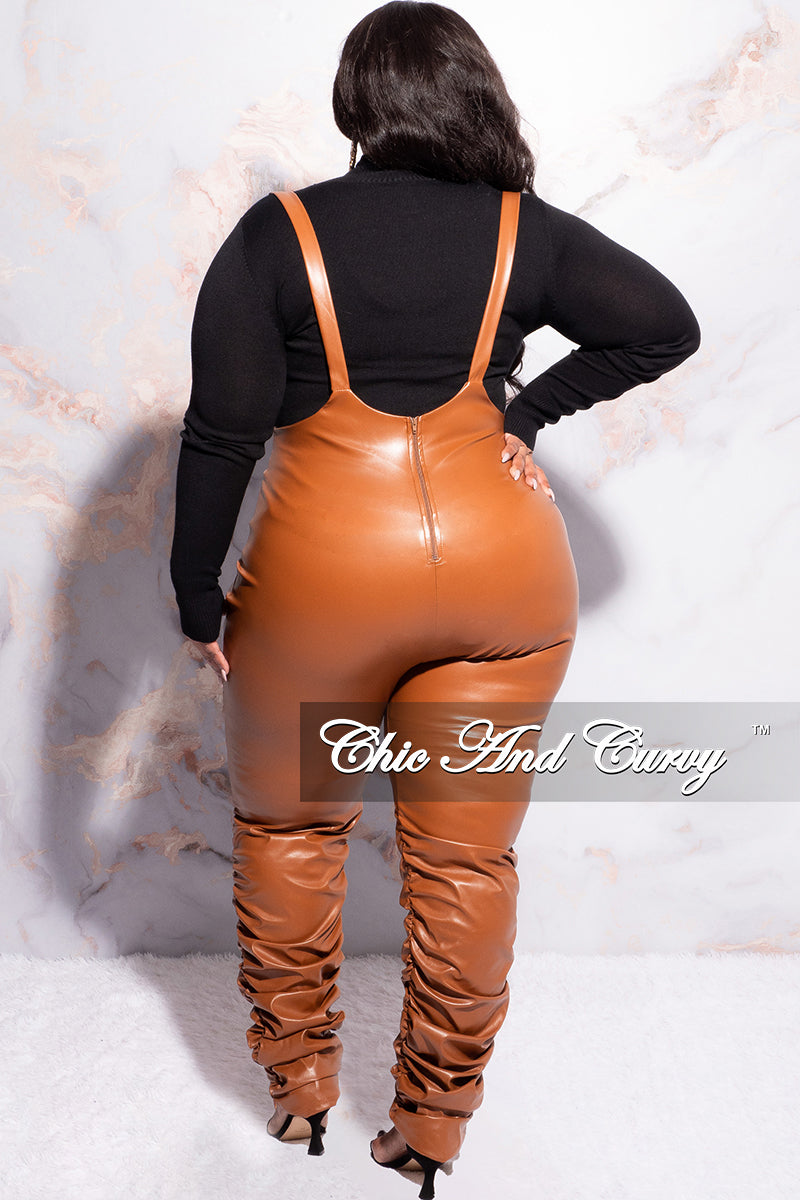 Final Sale Plus Size Vegan Leather Overalls (Only) Jumpsuit with Ruched Legs in Camel