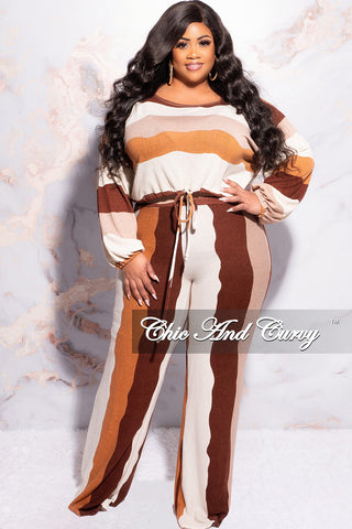 Final Sale Plus Size 2pc Off The Shoulder Top and Pants Set in Cream, Brown and Rust Stripes