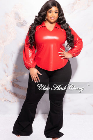 Final Sale Plus Size Collar Faux Leather Top in Red
