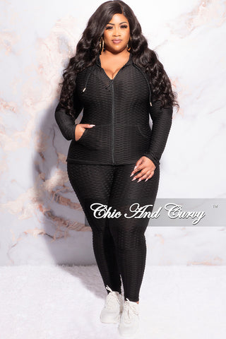 Final Sale Plus Size 2pc Honeycomb Texture Hooded Zip-Up Jacket and Pants Set in Black
