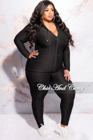 Final Sale Plus Size 2pc Honeycomb Texture Hooded Zip-Up Jacket and Pants Set in Black