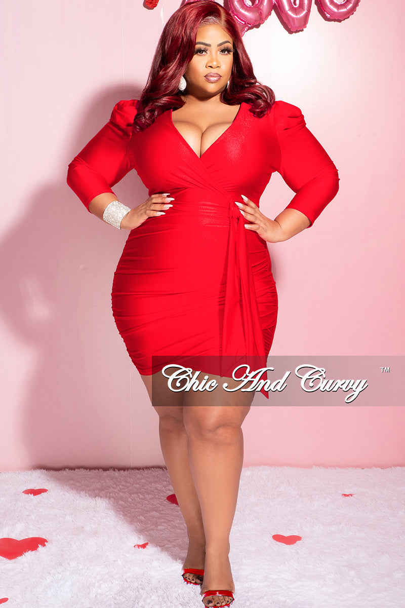 Final Sale Plus Size Faux Wrap Puffy Sleeve BodyCon Dress in Red