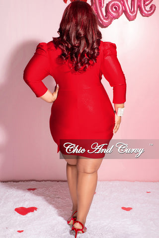 Final Sale Plus Size Faux Wrap Puffy Sleeve BodyCon Dress in Red