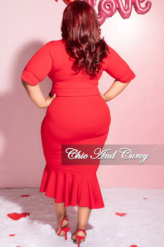 Final Sale Plus Size Collar Faux Wrap Belted BodyCon Dress with Bottom Ruffle in Red