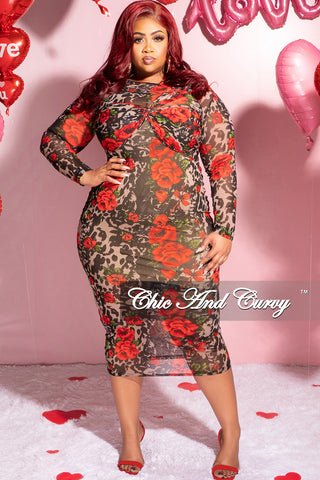Final Sale Plus Size Long Sleeve Mesh Front Knot BodyCon Dress in Rose Print