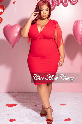 Final Sale Plus Size Faux Wrap Fringe Shoulder BodyCon Dress in Red