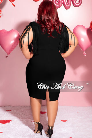 Final Sale Plus Size Faux Wrap Fringe Shoulder BodyCon Dress in Black