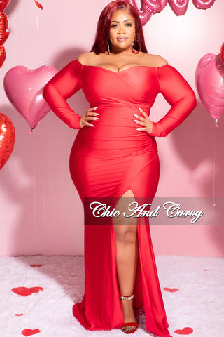 Available Online Only - Final Sale Plus Size Off the Shoulder Gown with Slide Slit in Red
