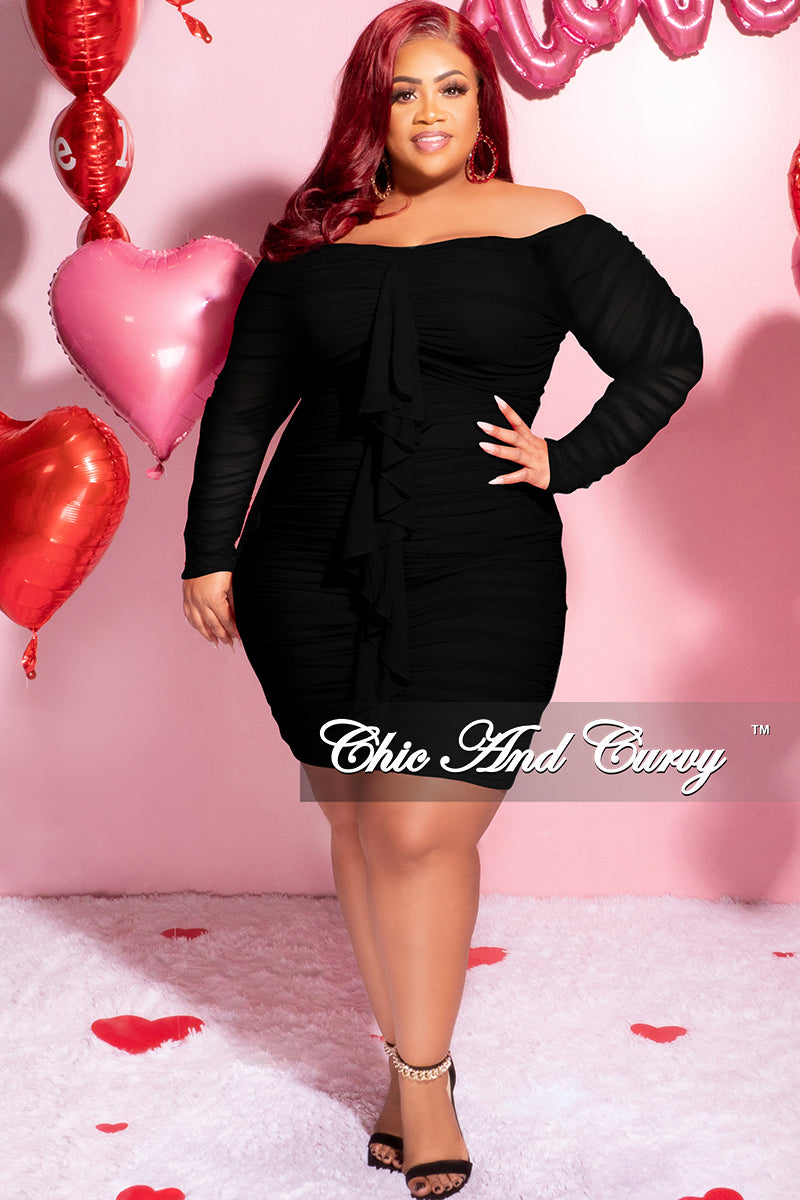 Final Sale Plus Size Ruched Off The Shoulder Mini Dress with Center Sash in Black Mesh