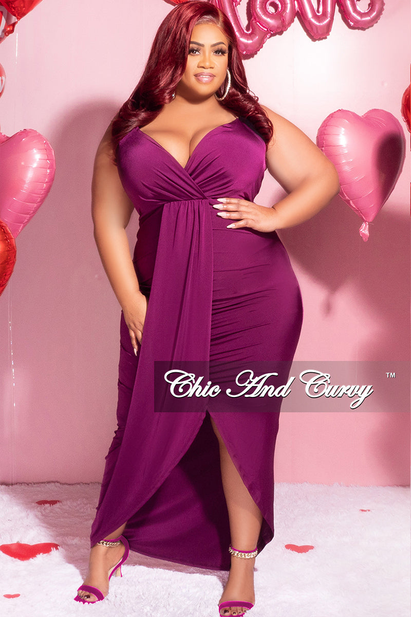 Final Sale Plus Size Ruched Faux Wrap Over BodyCon Dress with Criss Cross Back in Purple Kim 2