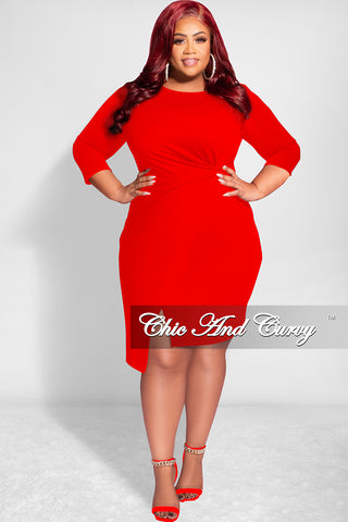 Final Sale Plus Size Long Sleeve Side Knot Wrap Midi Dress in Red