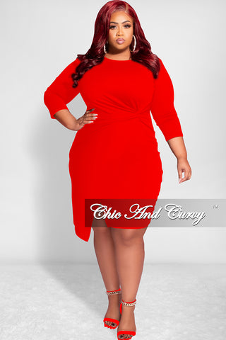 Final Sale Plus Size Long Sleeve Side Knot Wrap Midi Dress in Red