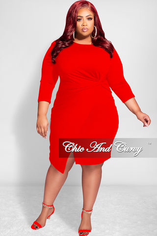 Final Sale Plus Size Long Sleeve Side Knot Wrap Midi Dress in Red