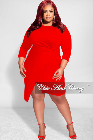 Final Sale Plus Size Long Sleeve Side Knot Wrap Midi Dress in Red