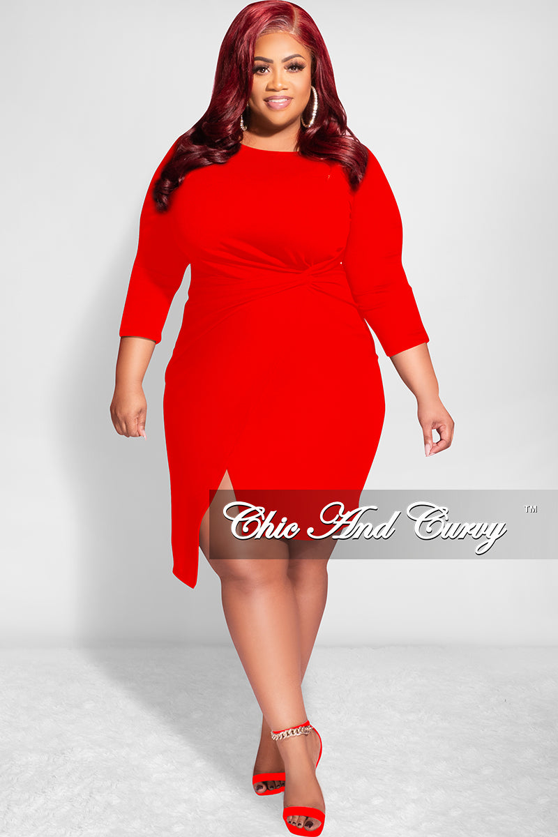 Final Sale Plus Size Long Sleeve Side Knot Wrap Midi Dress in Red