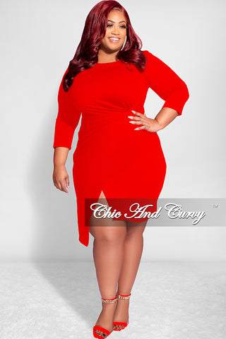 Final Sale Plus Size Long Sleeve Side Knot Wrap Midi Dress in Red