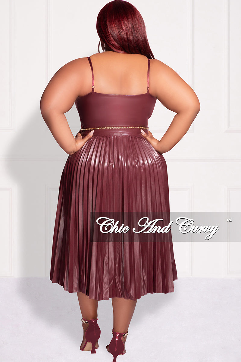 Final Sale Plus Size Faux Leather Faux Wrap Spaghetti Strap Pleated Dress  in Burgundy