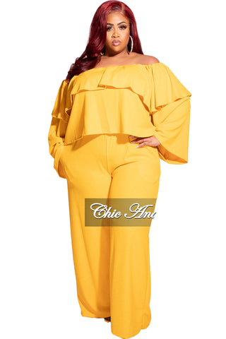 Final Sale Plus Size 2pc Off the Shoulder Ruffle Top and Pants Set in Mustard