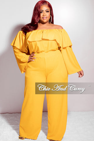 Final Sale Plus Size 2pc Off the Shoulder Ruffle Top and Pants Set in Mustard