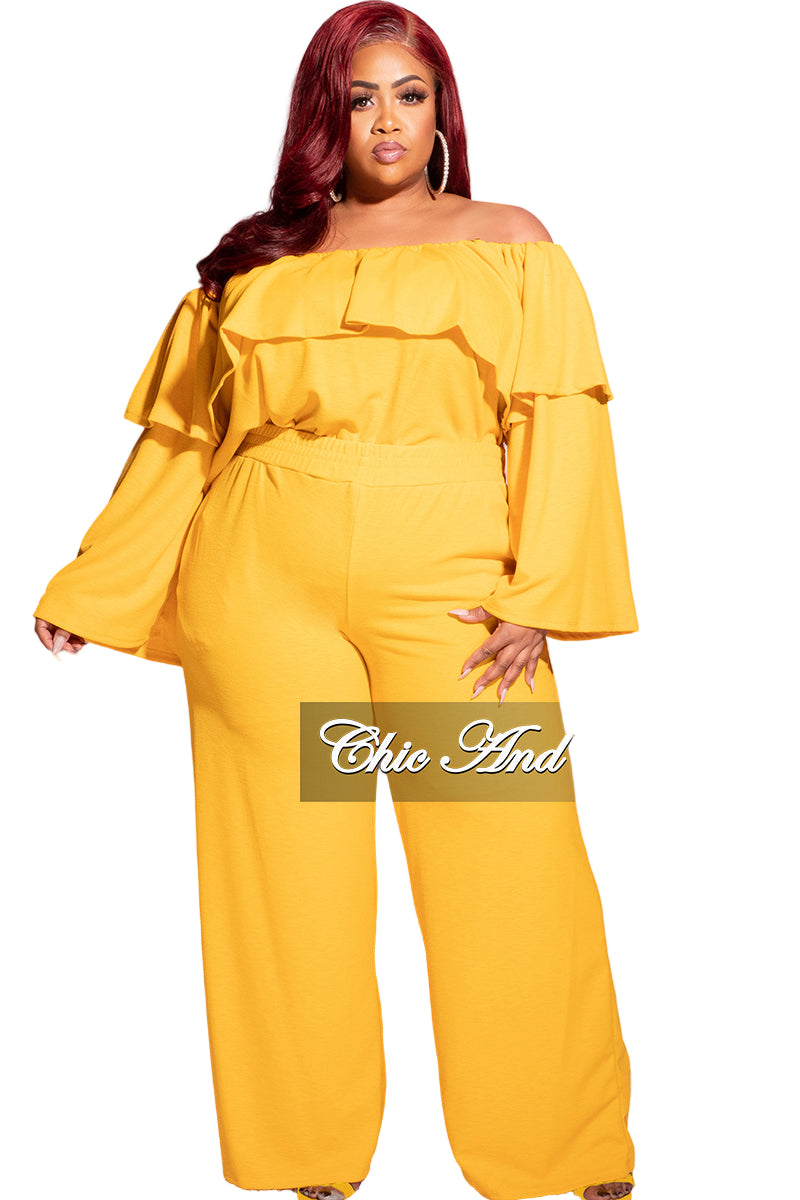 Final Sale Plus Size 2pc Off the Shoulder Ruffle Top and Pants Set in Mustard