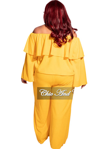 Final Sale Plus Size 2pc Off the Shoulder Ruffle Top and Pants Set in Mustard