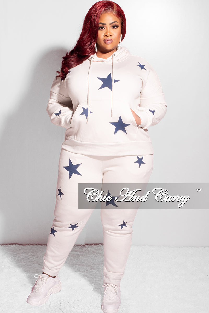 Final Sale Plus Size Pull Over Star Printed Hooded Top and Pants Set in Light Cream and Navy