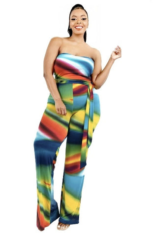 Final Sale Plus Size 2pc Set Tube Top and Belted Pants in Multi-Color Print