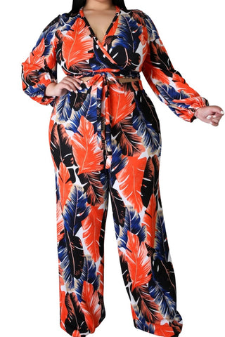 Final Sale Plus Size 2-Piece Crop Top and Palazzo Pant Set in Rust & Navy Tropical Print