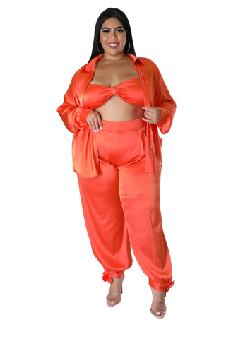 Final Sale Plus Size Satin 3pc Set (Collar Top, Tube Bra and High Waist Pants) in Orange