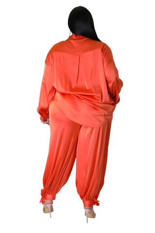 Final Sale Plus Size Satin 3pc Set (Collar Top, Tube Bra and High Waist Pants) in Orange