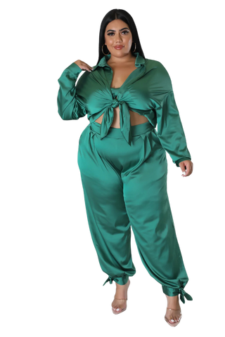 Final Sale Plus Size Satin 3pc Set (Collar Top, Tube Bra and High Waist Pants) in Green