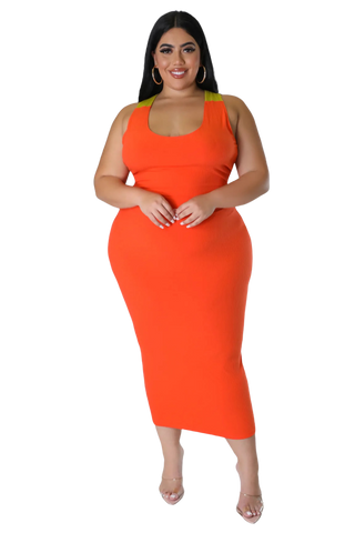 Final Sale Plus Sleeveless Ribbed Midi BodyCon Dress with Criss Cross Back in Orange and Mustard