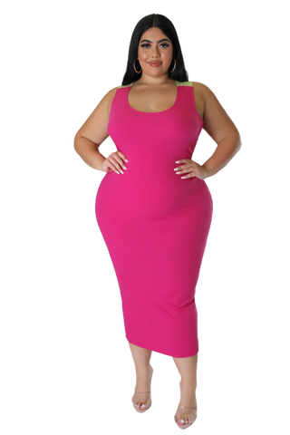 Final Sale Plus Sleeveless Ribbed Midi BodyCon Dress with Criss Cross Back in Fuchsia and Neon Green