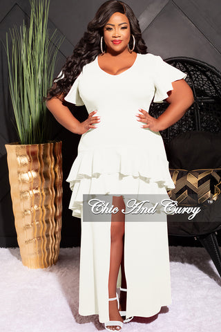 Final Sale Plus Size Ruffle Layered Dress with Front High Slit in Ivory