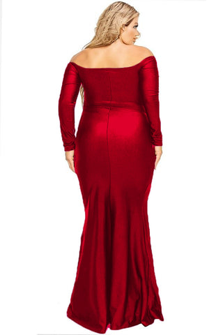 Available Online Only - Final Sale Plus Size Off the Shoulder Gown with Slide Slit in Red