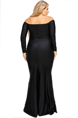 Final Sale Plus Size Off the Shoulder Gown with Slide Slit in Black