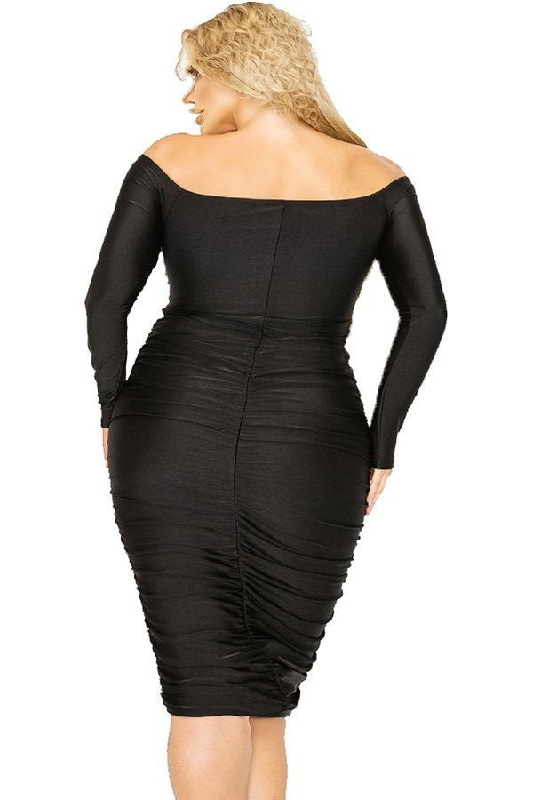 Available Online Only - Final Sale Plus Size Off the Shoulder Midi BodyCon Dress in Black