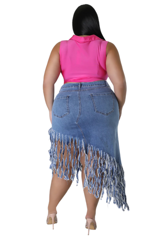 Final Sale Plus Size Fringe Asymmetric Skirt in Denim