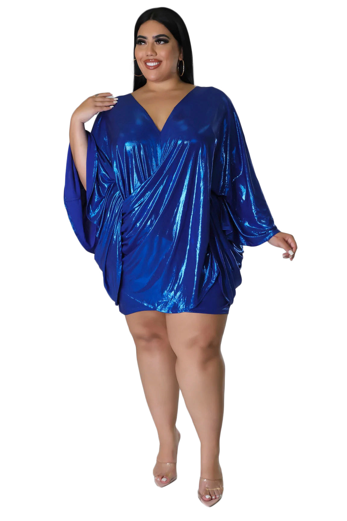 Final Sale Plus Size Draping Mini Dress in Metallic Royal Blue Chic And Curvy Final Sale Plus Size Draping Mini Dress in Metallic Royal Blue Chic And Curvy