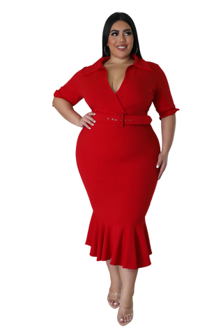 Final Sale Plus Size Collar Faux Wrap Belted BodyCon Dress with Bottom Ruffle in Red